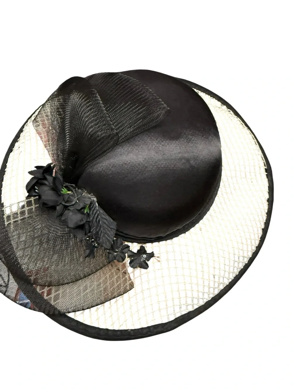 Vintage 1950s Handmade Black Cream Wide-Brim Ladies Hat Floral Accent